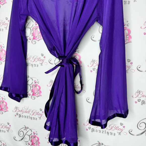 Avidlove robe kimono purple lace detail shiny trim detail mesh royal purple - Picture 10 of 13